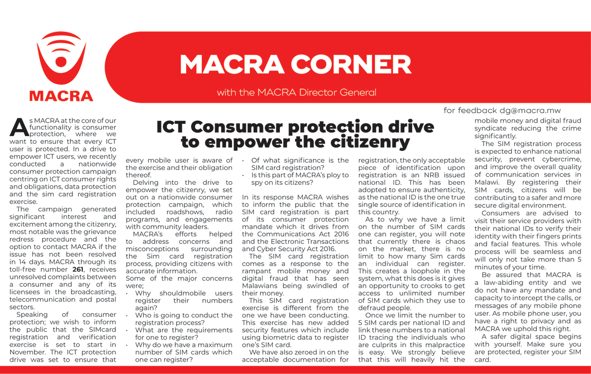 MACRAMALAWI's tweet image. Empowering Malawians through ICT awareness 
Stay safe, informed &amp;amp; connected, register your SIM today!
A safer digital Malawi begins with you.

#MACRA 
#SIMRegistration 
#ConsumerProtection #DigitallyTransformedMalawi
#261TollFree