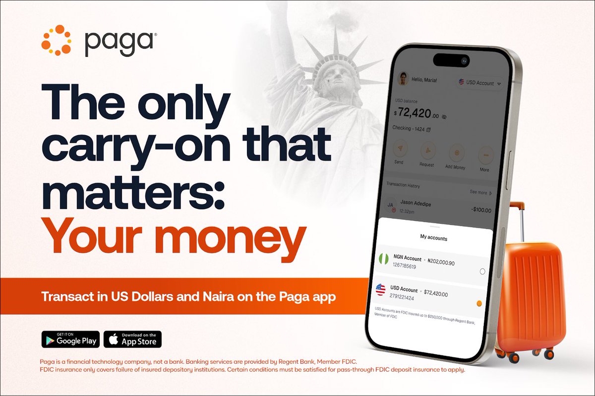 Whether you're in Lagos or Atlanta, manage your money effortlessly. 

Send, Pay, and Bank in both Naira and US Dollars, all with Paga.