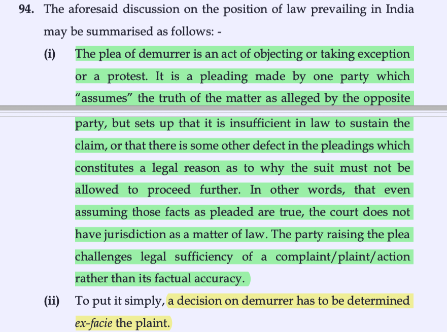 CiteCase's tweet photo. Do you know what is a ‘Plea of Demurrer’?

This 133 paged #SupremeCourt judgment devotes 70+ pages to discuss Indian and US positions on this plea.