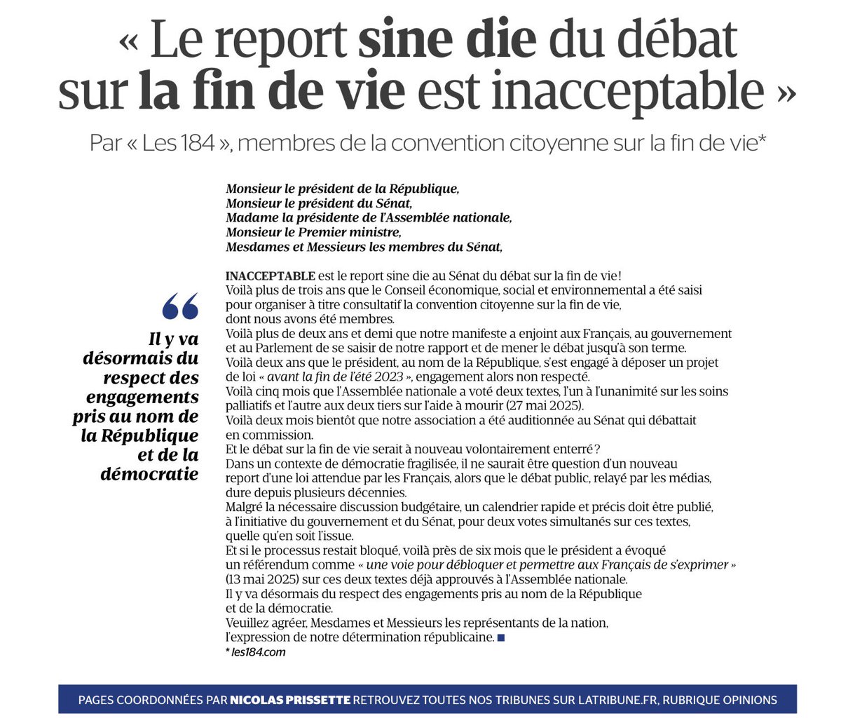 💬 📰 « Le report sine die du débat sur la #FindeVie est inacceptable », par « Les 184 », membres de la convention citoyenne sur la fin de vie.  
#Politique #Santé <a href="/TribuneDimanche/">La Tribune Dimanche</a>