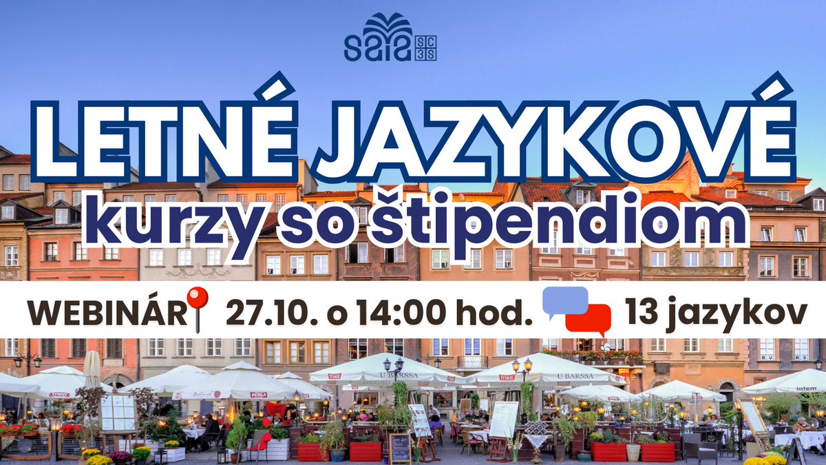 🎓 WEBINÁR DNES!
Chceš sa v lete zúčastniť jazykového kurzu so štipendiom? 🇸🇰
Pripoj sa na online podujatie „Letné jazykové kurzy so štipendiom“ a zisti, ako podať prihlášku!
🕒Dnes, 27. októbra o 14:00 (slovenského času)
📍Link na pripojenie: lnk.sk/afgq0