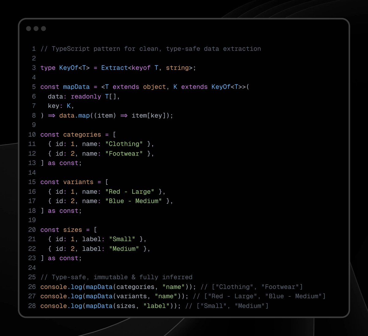 KaraBharat's tweet image. ⚡ This tiny TypeScript utility makes your code type-safe, reusable, and fully inferred!
#TypeScript #JavaScript