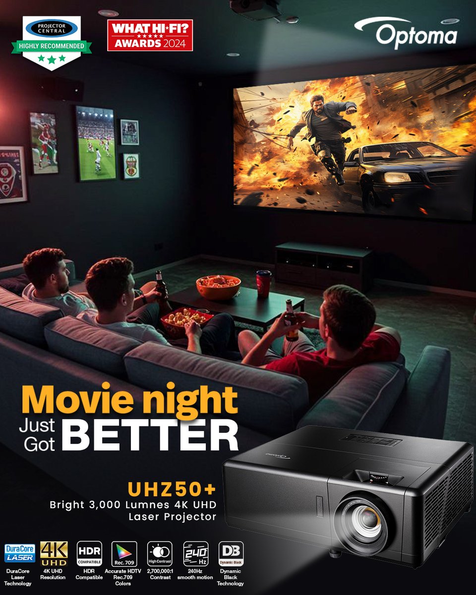 Movie night, Make it Cinematic. 
Experience ultra-bright visuals, lifelike contrast, and true 4K clarity with the Optoma UHZ50+ Laser Projector — your ticket to an unforgettable home theatre experience. 

#OptomaIndia #OptomaProjector #UHZ50Plus #4KProjector #LaserProjector