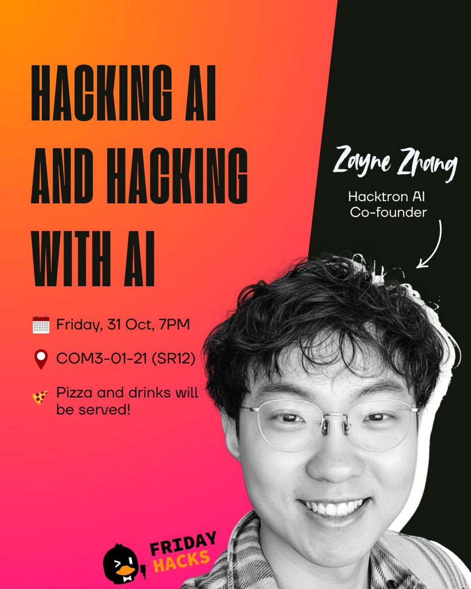 Super thrilled to have our speakers <a href="/zeyu1337/">zayne (zeyu) zhang</a> and <a href="/haxgad/">Harsh Gadodia</a> for our upcoming Friday Hacks (31st Oct 7-9pm), sharing on "Hacking with AI, and Hacking at the Workplace"

Sign up here: hckr.cc/fh-284-signup