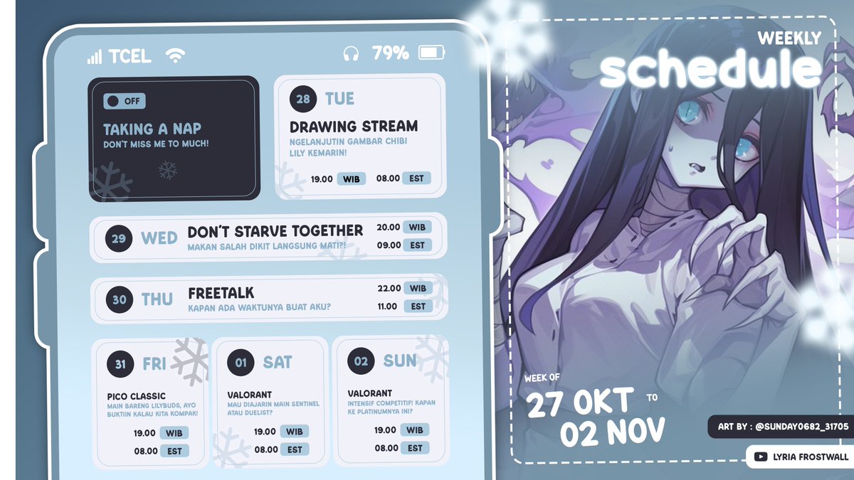LyriaFrostwall's tweet photo. ❄️ SCHEDULE 27 OKT - 02 NOV! ❄️
Diminggu ini, ada seru-seruan lagi bareng Lilybuds! Terus juga kita bakal sering mabar palo nih! ✨
❄️General: #LyriaTales
❄️Live: #LilyOnAir
❄️Art: #LiryArt
❄️Meme: #Lilmeme
❄️Clips: #LyriaClip
❄️Fandom: #Lilybuds
Nyalain loncengnya yaa! 🔔 https://t.co/aC6zsBCtrq
