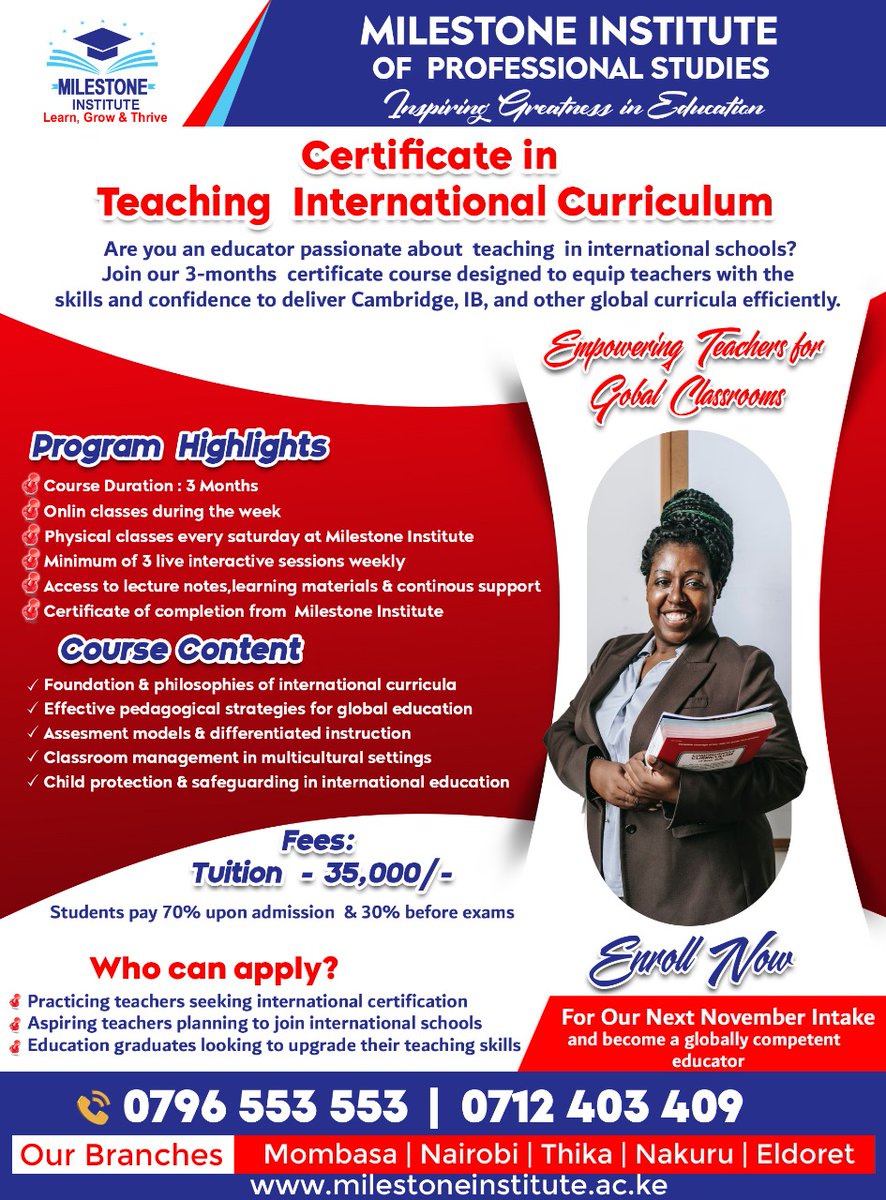 milestone_thika's tweet photo. 🌍 Certificate in Teaching International Curriculum – Milestone Institute of Professional Studies🎓  
Empower your teaching journey and step confidently into the global classroom with our 3-month certification program! https://t.co/AdQOatRfKg