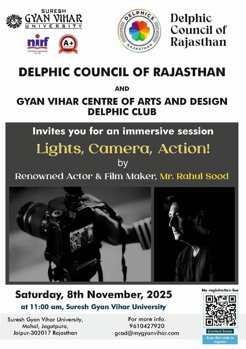 🎬 Lights, Camera, Action! ✨
Get ready for an immersive session with the renowned actor &amp; filmmaker Mr. Rahul Sood, as he takes us behind the lens into the world of cinema and creativity.
📅 Saturday, 8th November 2025
🕚 11 AM
📍 Suresh Gyan Vihar University