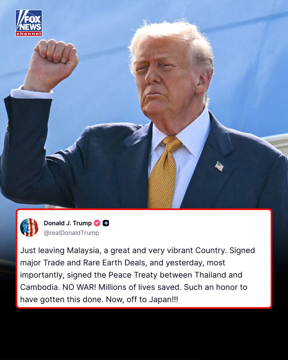 VIBRANT COUNTRY': President Trump recaps his Malaysia trip, emphasizing the peace treaty he helped broker between Thailand and Cambodia, as he jets off to Japan.