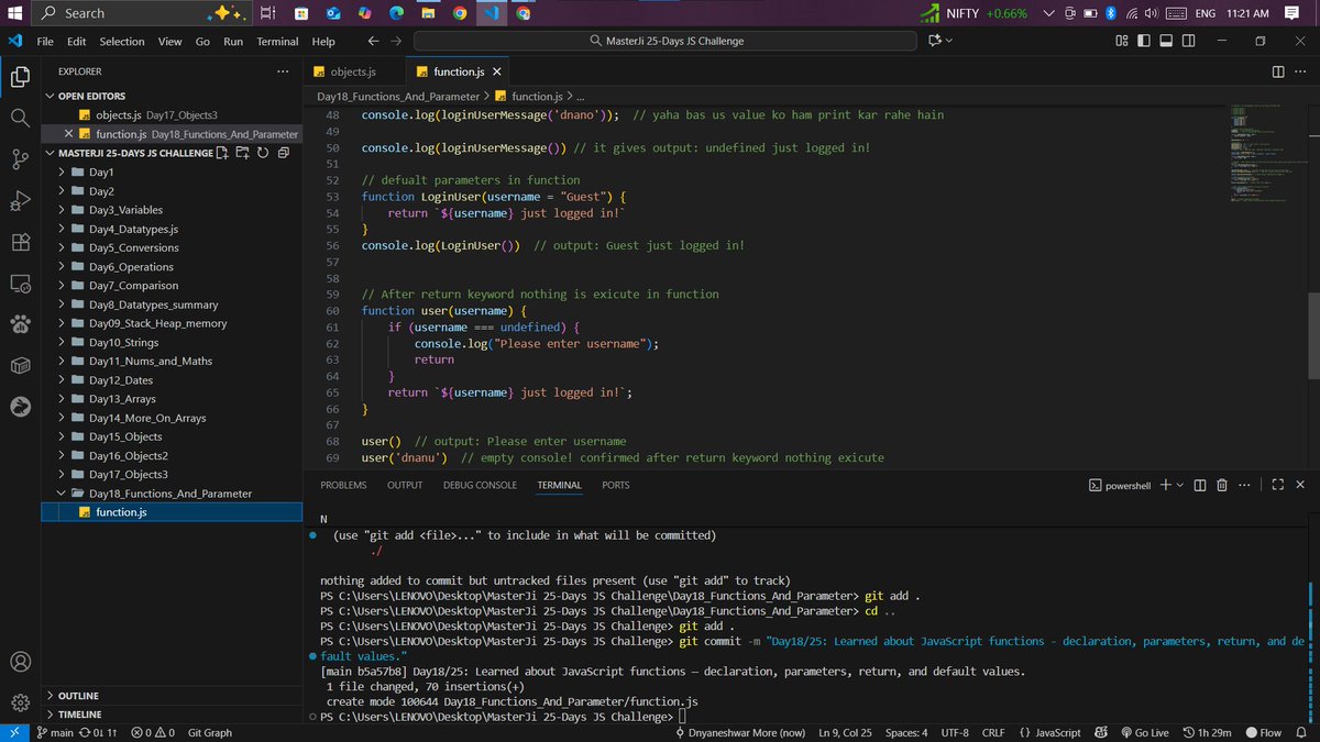 Coder_dnano's tweet image. Day 18/25 — Functions✅
(MasterJi 25 Days JS Challenge)
Aaj seekha:
👉 Function declaration & calling
👉 Parameters, arguments & return values
👉 Default parameters
👉 Type coercion in functions
👉 return vs console.log()
@Hiteshdotcom @ChaiCodeHQ #MasterJiChallenge #JavaScript