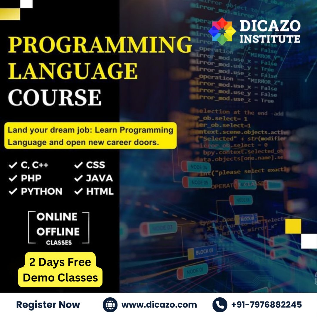 dicazoinfo's tweet image. Learn the top programming languages online in Jaipur with Dicazo Institute!
Master Python, Java, C++, and more with expert guidance & certification.
📞7976882245
🌐dicazo.com
#ProgrammingLanguages #LearnCoding #DicazoInstitute #ITTrainingJaipur #CareerReady