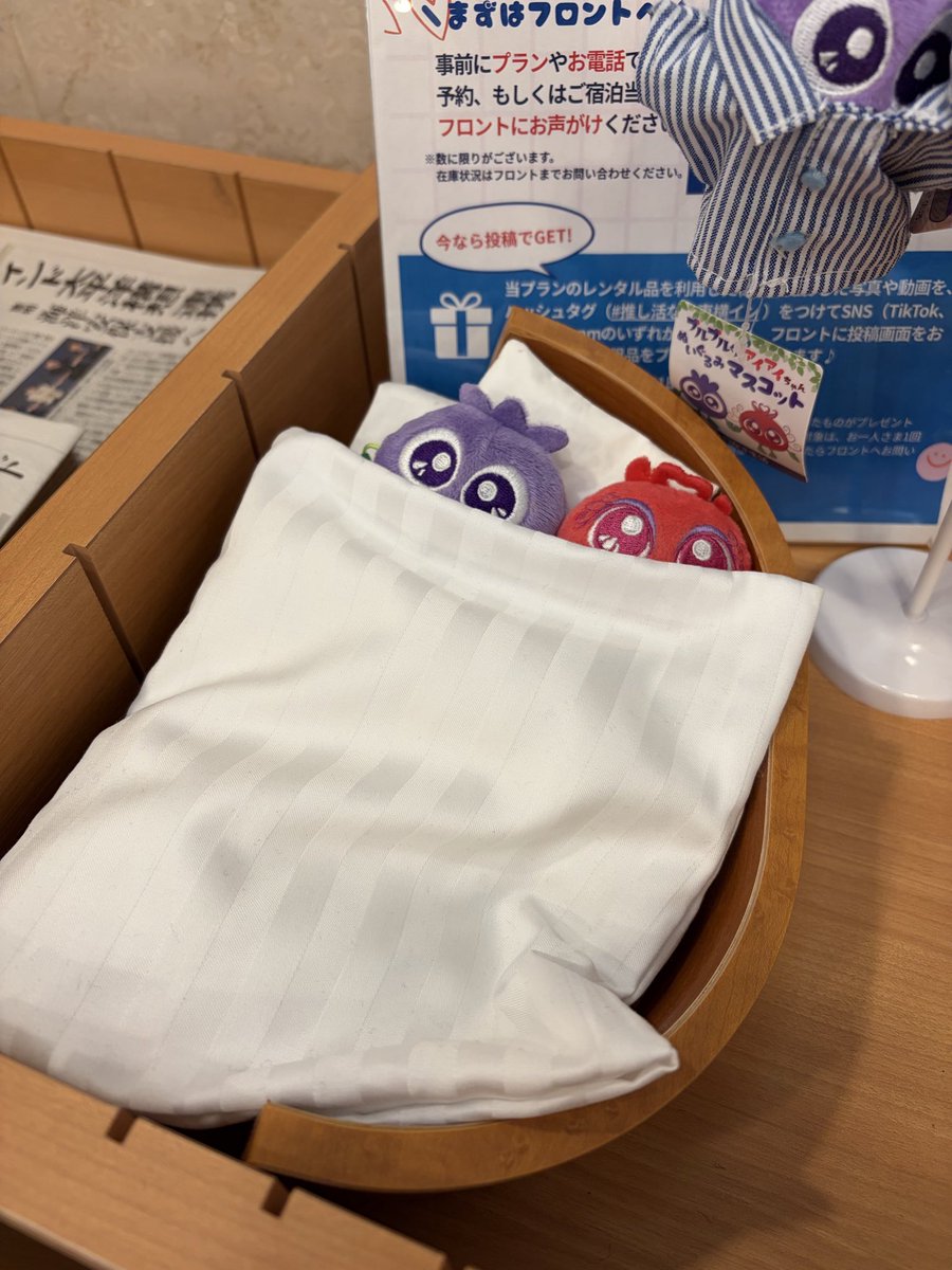 watanopome22's tweet photo. 前に東横インの大阪ドーム店であったぬいちゃんのパジャマとベッドサービス、京都にもサービス開始されてた〜！！！！*･゜ﾟ･*:.｡..｡.:*･'(*ﾟ▽ﾟ*)'･*:.｡. .｡.:*･゜ﾟ･*隣がわかさ生活のお店があるからブリベリくん達が寝かされててたw https://t.co/y8jPoGPSaX