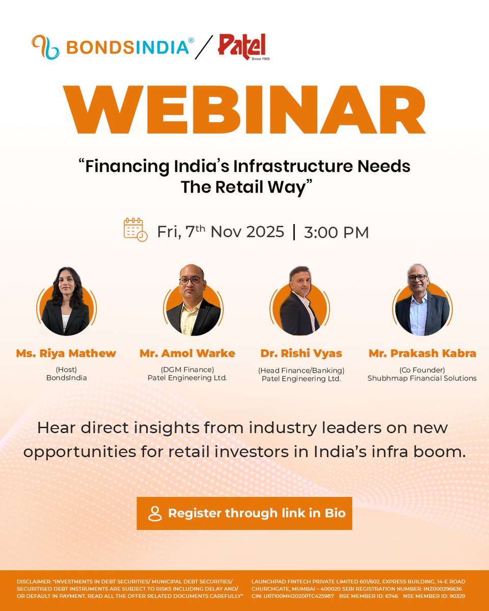 bondsindia's tweet photo. BondsIndia presents an exclusive webinar with Patel Engineering Ltd

Reserve Your Seat Today
Friday 07th Nov 2025
03:00 PM IST
https://t.co/wgeHzsNzEI

#BondsIndia https://t.co/TuQNyrD8yX