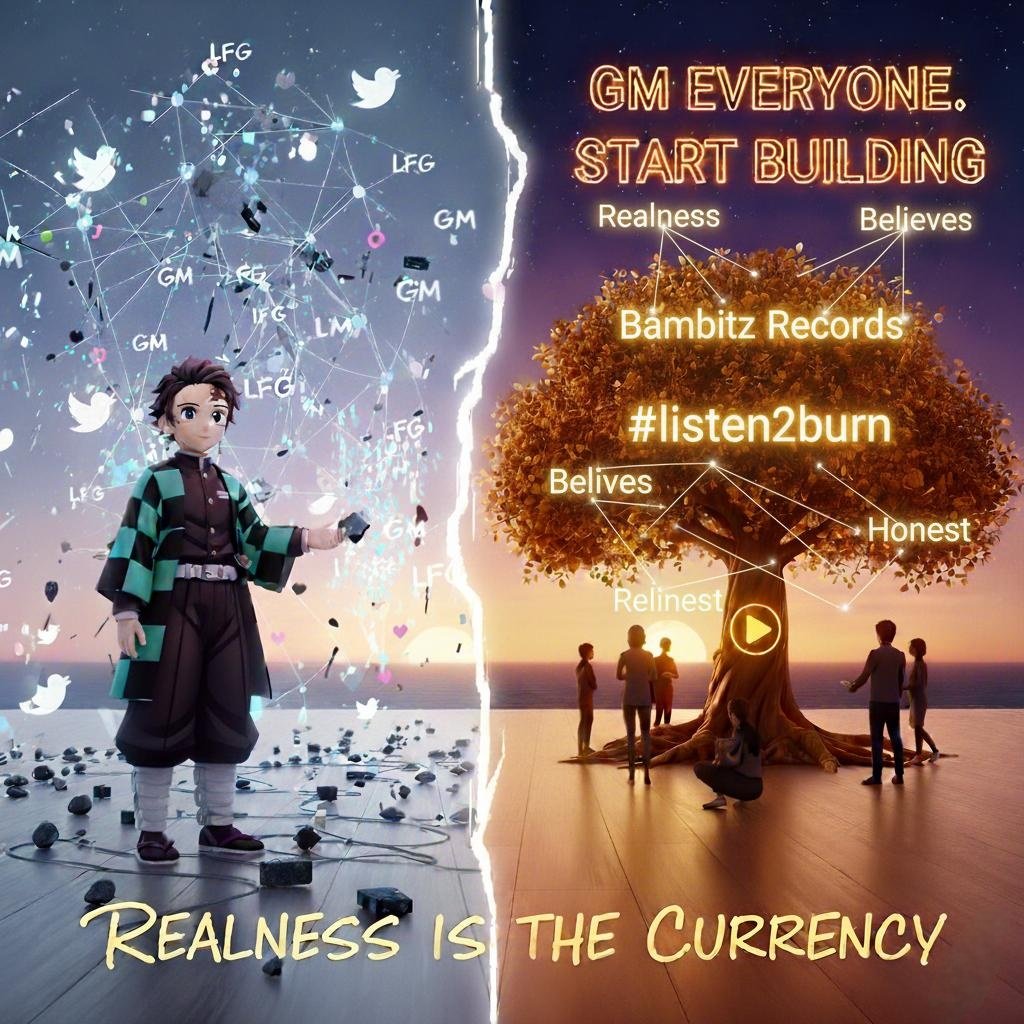 GM everyone. Let's talk real for a sec.

​You can spend all day spamming 'LFG' and getting no attention. I know, I used to do it.😂

​The key I'm seeing now? Stop faking the support. Find a project like <a href="/BambitzRecords/">Bambitz Records</a> and the #Listen2Burn vision where you actually believe the