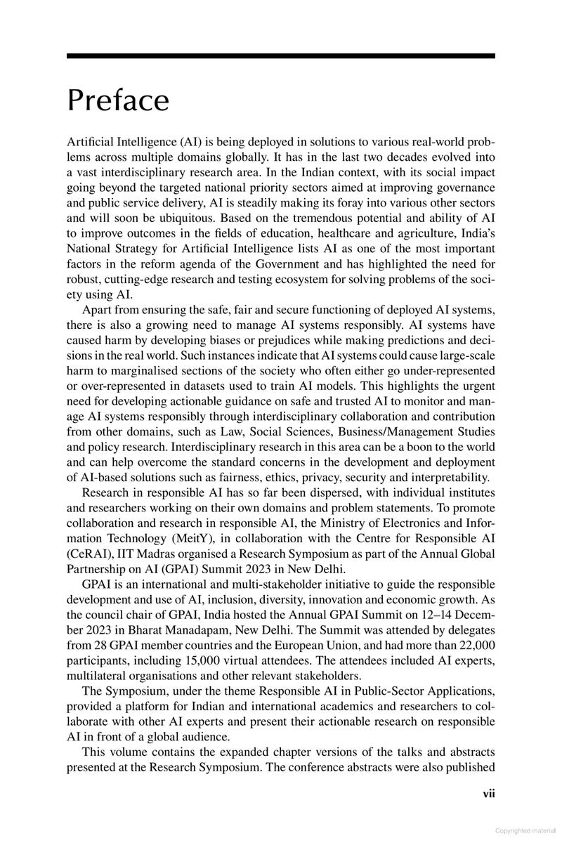 WSAI_IITM's tweet image. We’re pleased to share that the GPAI Edition of Advancing Responsible AI in Public Sector Application is now publicly accessible.
The book is edited by Shri @abhish18, Additional Secretary, @GoI_MeitY, Government of India, and Prof. @ravi_iitm , Head, @WSAI_IITM.
To download…