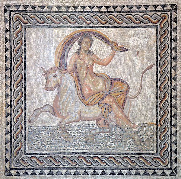 Europa and the bull (Zeus), Roman mosaic in Arles, France. Found in c. 1900 in Trinquetaille (Arles), dated to end of 2nd century - beginning of 3rd century AD. Now in the Archaeological Museum in Arles. #MosaicMonday