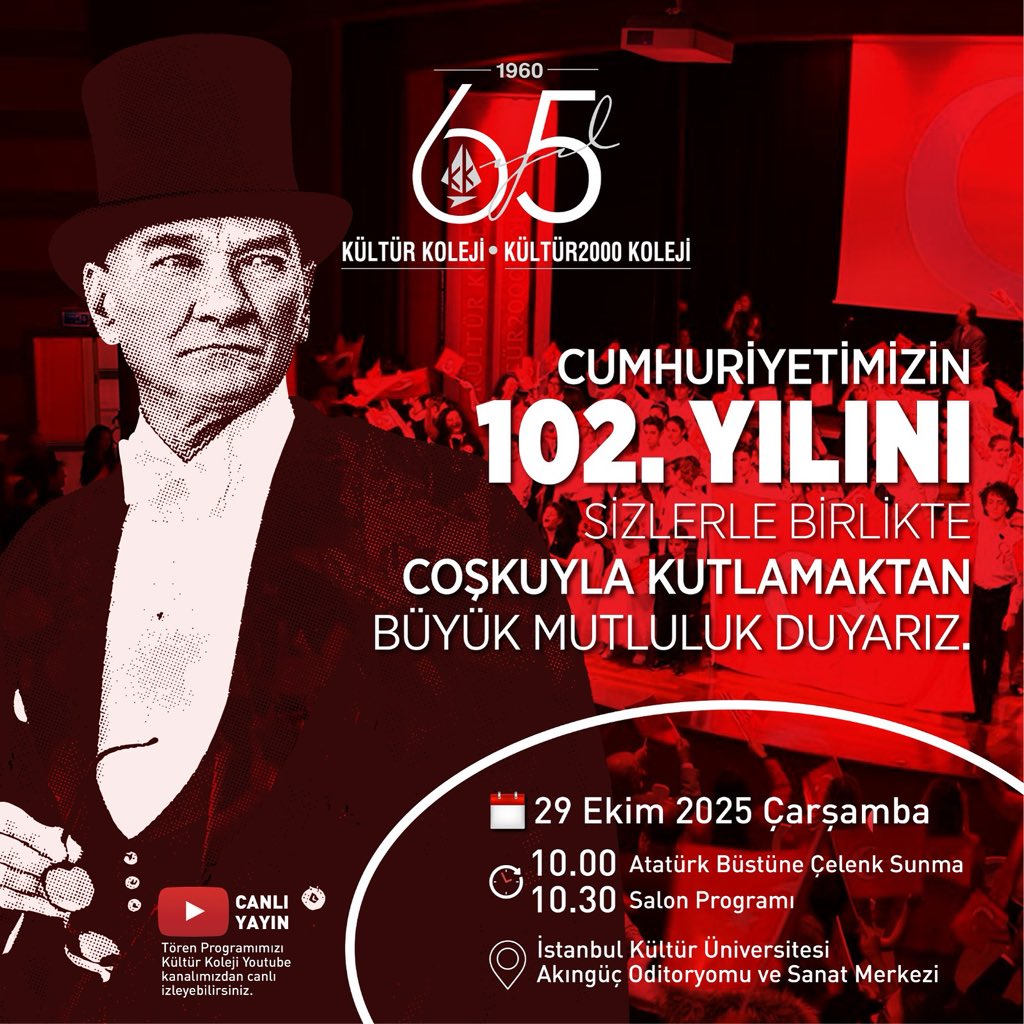 Cumhuriyetimizin 102. kuruluş yıl dönümü coşkusunu hep birlikte kutluyoruz!
Tüm velilerimizi, öğrencilerimizi ve öğretmenlerimizi bu anlamlı günde Cumhuriyet Bayramı Törenimize davet ediyoruz.
#CumhuriyetBayramı #102Yıl #KültürleCumhuriyet