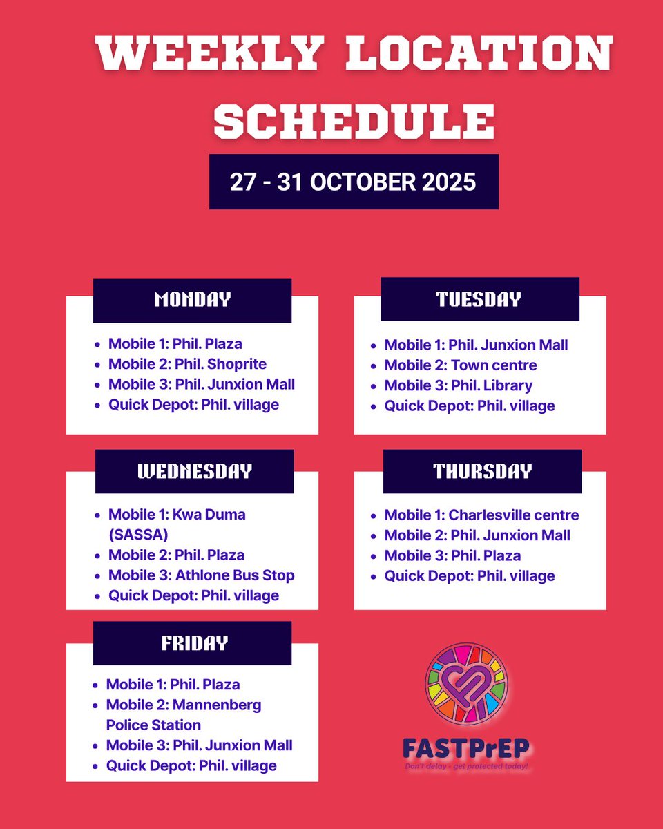 FASTPrEPstudy's tweet image. Your body, your health. We've got you! 🚑
#fastprep #desmondtutuhealthfoundation #weeklyschedule #prep #hivfreegeneration #location