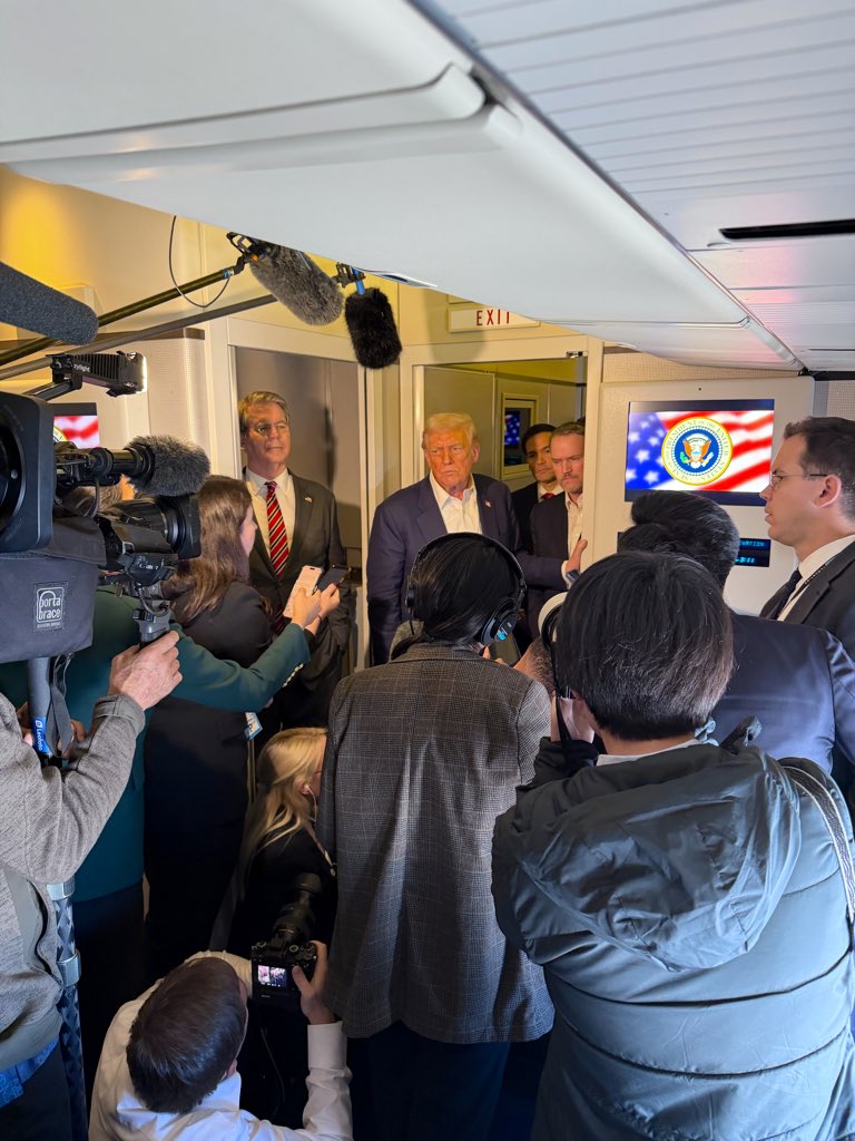 President Trump gaggles aboard AF1 en route to Japan with <a href="/SecScottBessent/">Treasury Secretary Scott Bessent</a> <a href="/SecRubio/">Secretary Marco Rubio</a> and <a href="/USTradeRep/">United States Trade Representative</a> 

“This is the greatest team ever assembled”