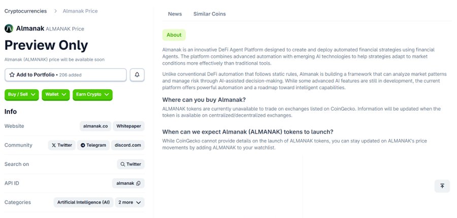 0xjude2007's tweet photo. Almanak’s ticker just appeared on CoinGecko 👀
That means $ALMANAK might be dropping soon!
Here’s the scoop @almanak the token will fuel platform fees, reward stakers with compute discounts, and enhance governance power, making staking central to its utility and long-term value. https://t.co/M0LR8YWkY1