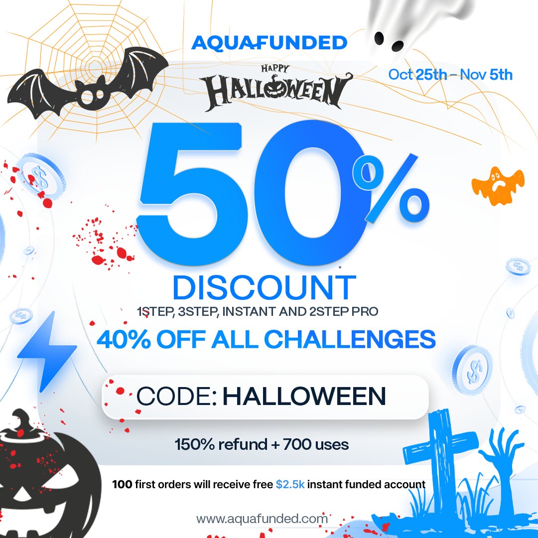 🎃Halloween Giveaway🎃

4 x $10,000 challenge accounts for 4 lucky followers 
All you have to do is 
Follow <a href="/I_Am_xxxjosh/">Mr. JOSHUA</a> and <a href="/AquaFunded/">AquaFunded</a> 

Follow <a href="/LewisAquaFunded/">Lewis Morton</a>

Add AquaFunded as favorite propfirmmatch.com/favorite-firms

Like and repost the quoted post 
Tag friends and drop a