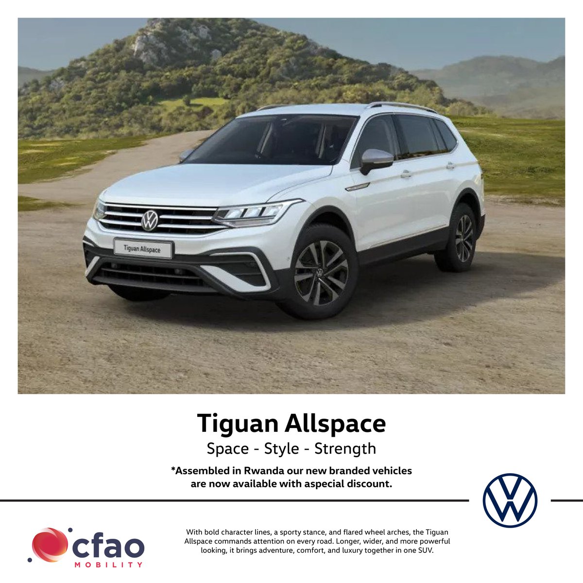 The Tiguan brings together intuitive tech, versatile space for every adventure. 

Which feature speaks to you most design or comfort? 
 
#VolkswagenRwanda #TiguanExperience #CFAOMobility 

 *Assembled in Rwanda, our new branded vehicles are now available with a special discount