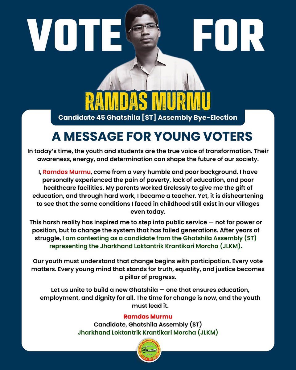 umeshku98147227's tweet photo. #Vote_for_Change. Vote for the Future.Let’s bring real transformation to #Ghatshila — led by youth, powered by unity. @JairamTiger @JbkssArmy @Jlkmranchi @JLKMJHARKHAND https://t.co/RMGYBOdz8u