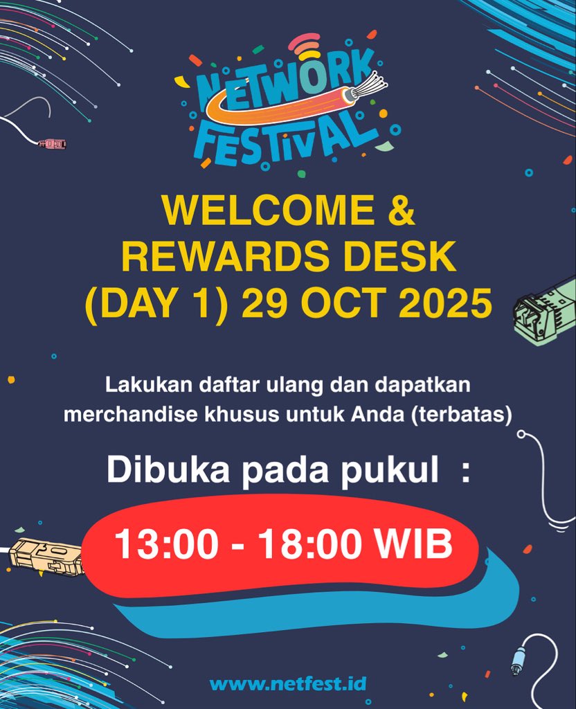 citraweb_com's tweet image. Welcome and Rewards Desk - Day 1

Kalian bisa melakukan daftar ulang dan mendapatkan merchandise khusus #NetFest2025 (terbatas) di hari pertama pada hari Rabu 29 Oktober 2025 mulai jam 13:00 - 18:00 WIB.
 📍The Alana Hotel Yogyakarta
🔗netfest.id

#TechGathering
