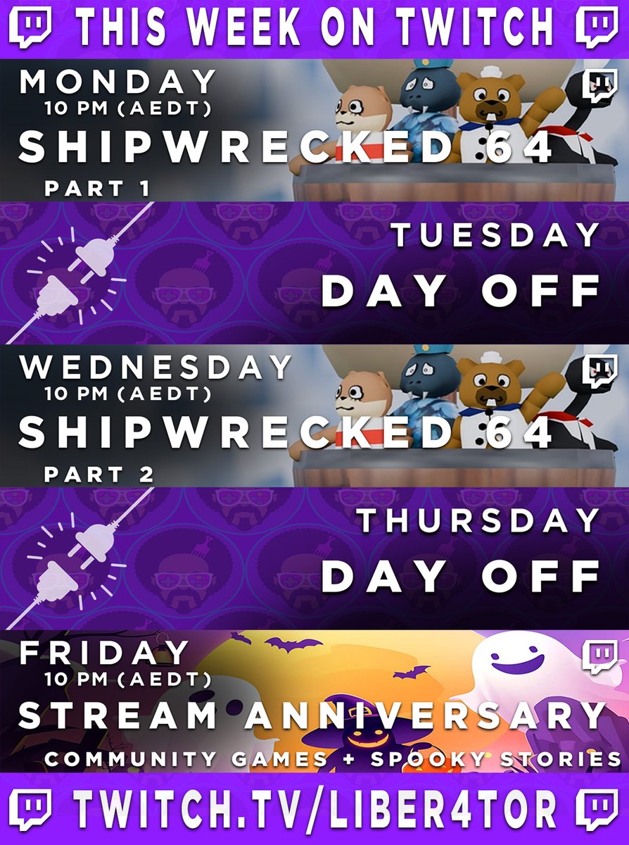 📺This week on #Twitch - October 27th to October 31st. Retro Horror &amp; A Celebration!!!📺

🏝Shipwrecked 64 - Part 1🏝
🐻Shipwrecked 64 - Part 2🐻
🎉Stream Anniversary Celebration🎉

🎮🎮🎮 twitch.tv/liber4tor 🎮🎮🎮