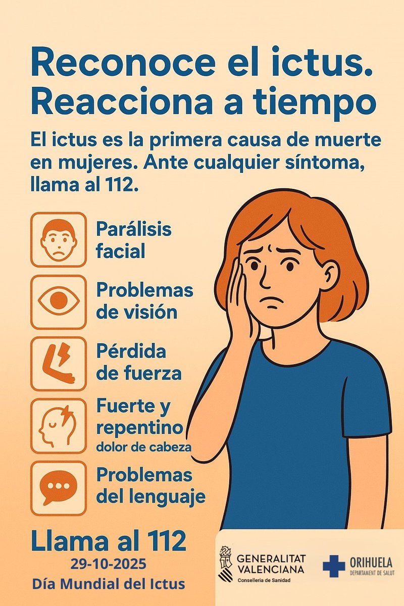 👉 EL próximo 29 de octubre | Día Mundial del Ictus. Reconocer los síntomas y actuar rápido, salva vidas.
⏱️Cada minuto cuenta.