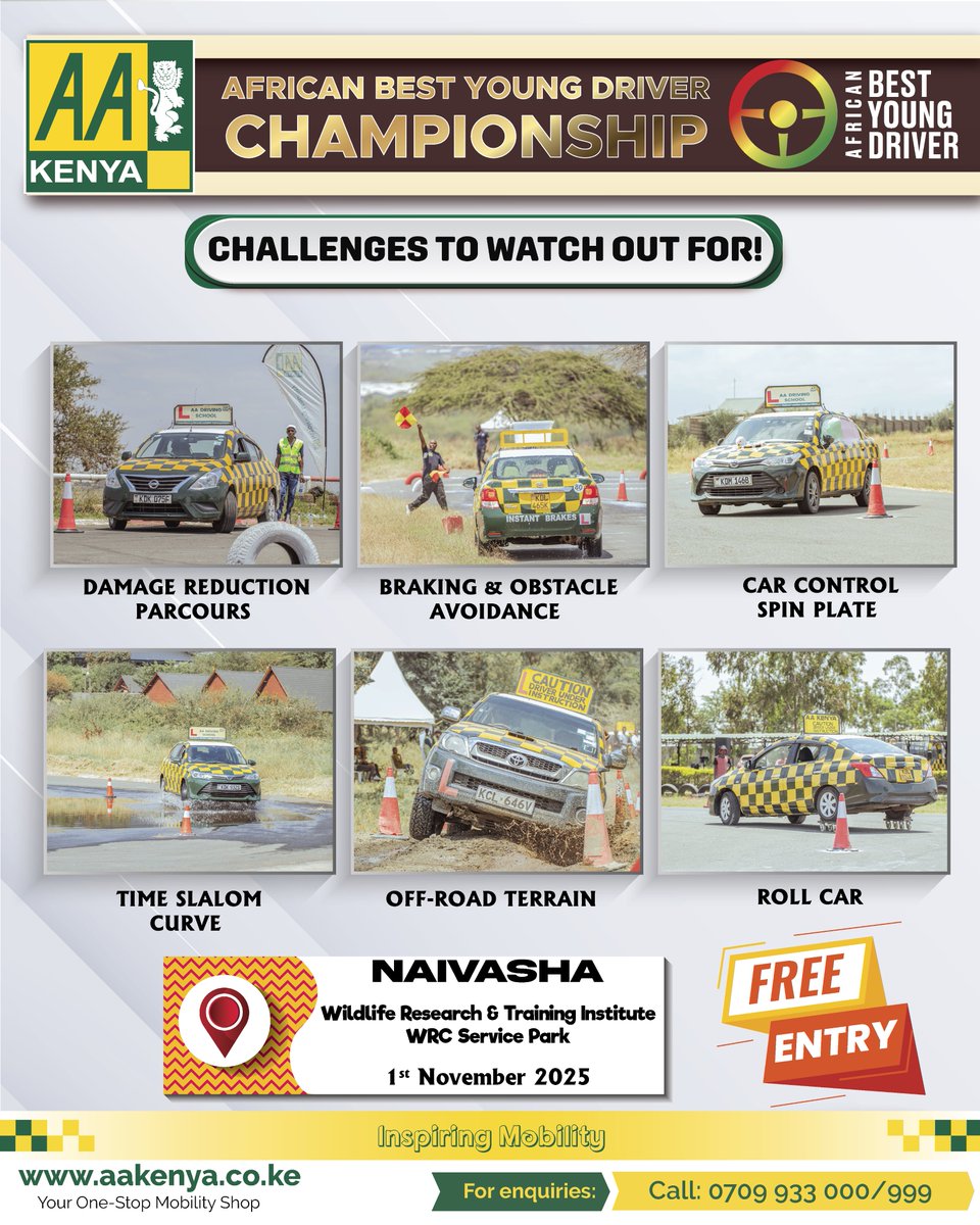 Challenges to watch out for! The African Best Young Driver Championship is happening this weekend. Come watch the action live as top drivers battle for the African title.
Venue: Naivasha, WRC Service Park (Wildlife Research and Training Institute)
Date: 1st November 2025
Time: