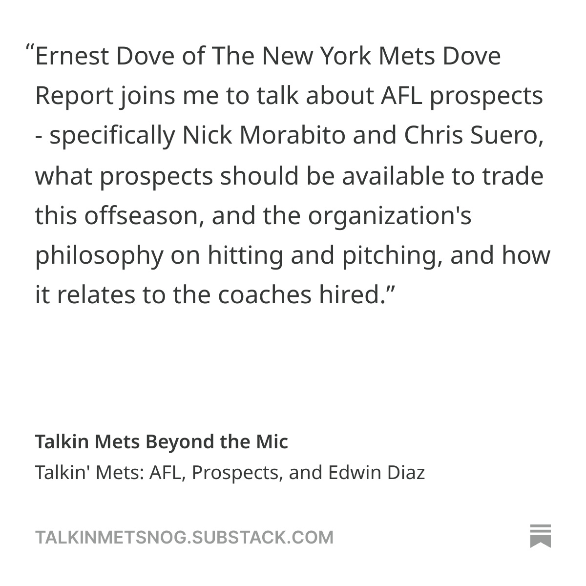 Talkin Mets Podcast (@talkinmetsnog) on Twitter photo The latest Talkin' Mets is a conversation between me and <a href="/ernestdove/">Ernest Dove</a> on the AFL, Mets coaches, and the organizational philosophy. 
open.substack.com/pub/talkinmets… The latest Talkin' Mets is a conversation between me and <a href="/ernestdove/">Ernest Dove</a> on the AFL, Mets coaches, and the organizational philosophy. 
open.substack.com/pub/talkinmets…