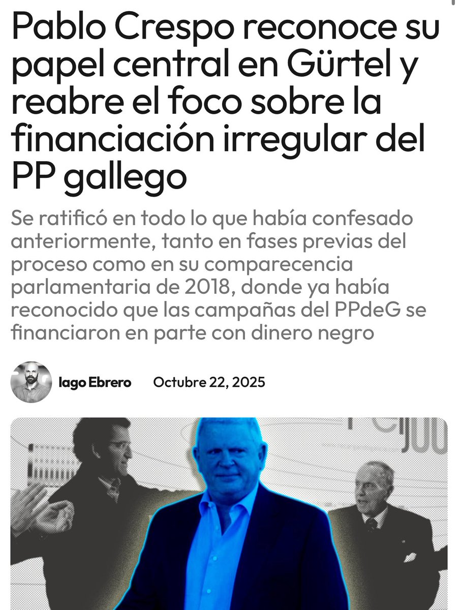 Ya ha dicho algo Feijóo de su amigo ahora condenado, Pablo Crespo, al cual mantuvo en Portos de Galicia cuando fue conselleiro de Política Territorial?

Fraga había reconocido que el partido era consciente desde 1999 de las irregularidades que le rodeaban.
