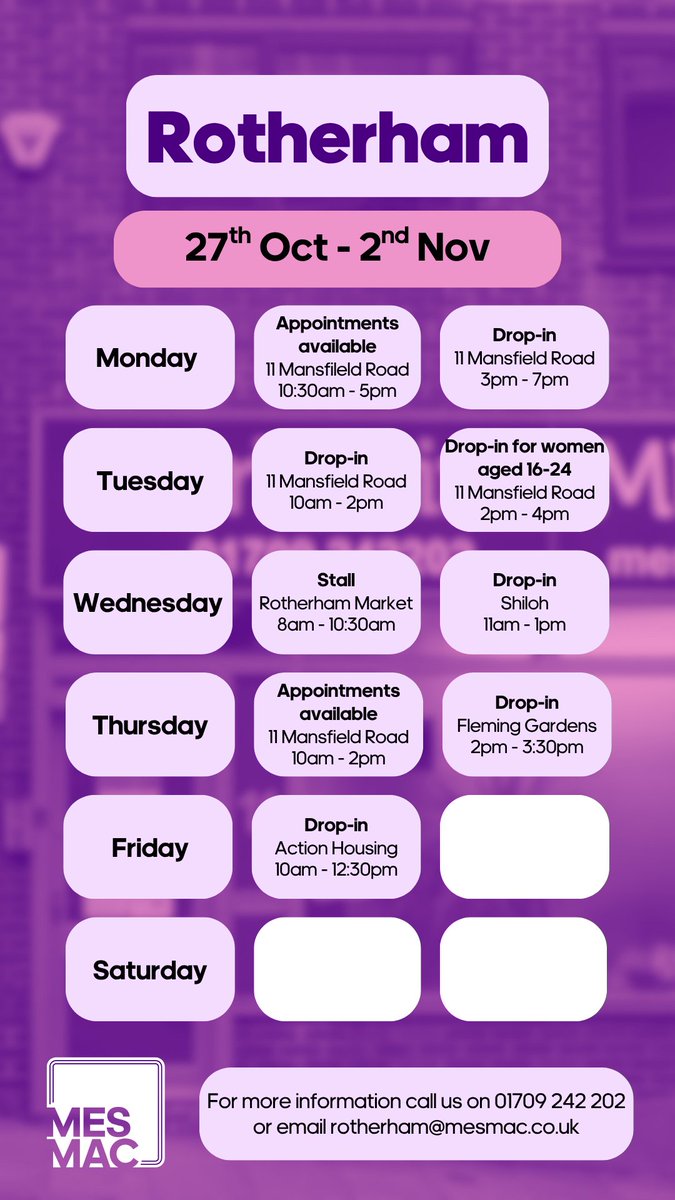 Time to catch up with your sexual health and wellbeing?

Whether you have worries, questions, or it's just time for a check-up - we've got you covered

Find us across #Rotherham this week 👇