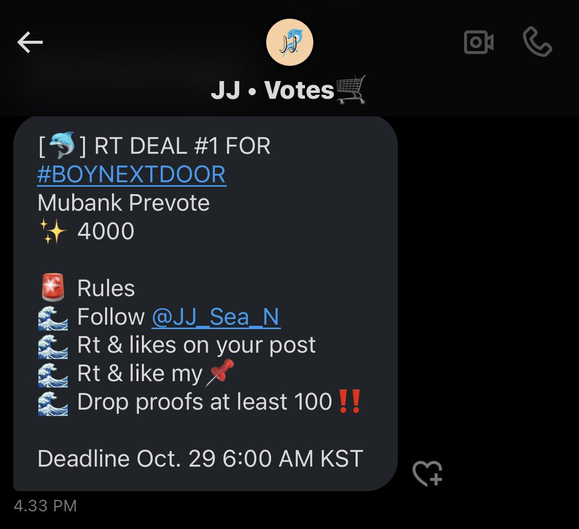 ONEDOOR HELP THIS FOR FANCASTT
—————————

[🐬] RT DEAL #1 FOR #BOYNEXTDOOR
Mubank Prevote
✨ 4000

🚨 Rules 
🌊 Follow <a href="/JJ_Sea_N/">JJ • Votes🛒</a>
🌊 Rt &amp; likes on your post
🌊 Rt &amp; like my📌
🌊 Drop proofs at least 100‼️

Deadline Oct. 29 6:00 AM KST