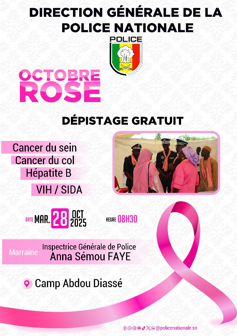 PoliceNationSN's tweet image. DEMAIN 🚨 #OctobreRose avec la Police Nationale !

Mardi 28 octobre 2025, dès 9h au Camp Abdou DIASSE : Journée de sensibilisation &amp;amp; dépistage GRATUIT des cancers du sein/col de l’utérus.

➡️ Objectif : Dépistage précoce.

Personnel &amp;amp; Population, venez nombreux !
