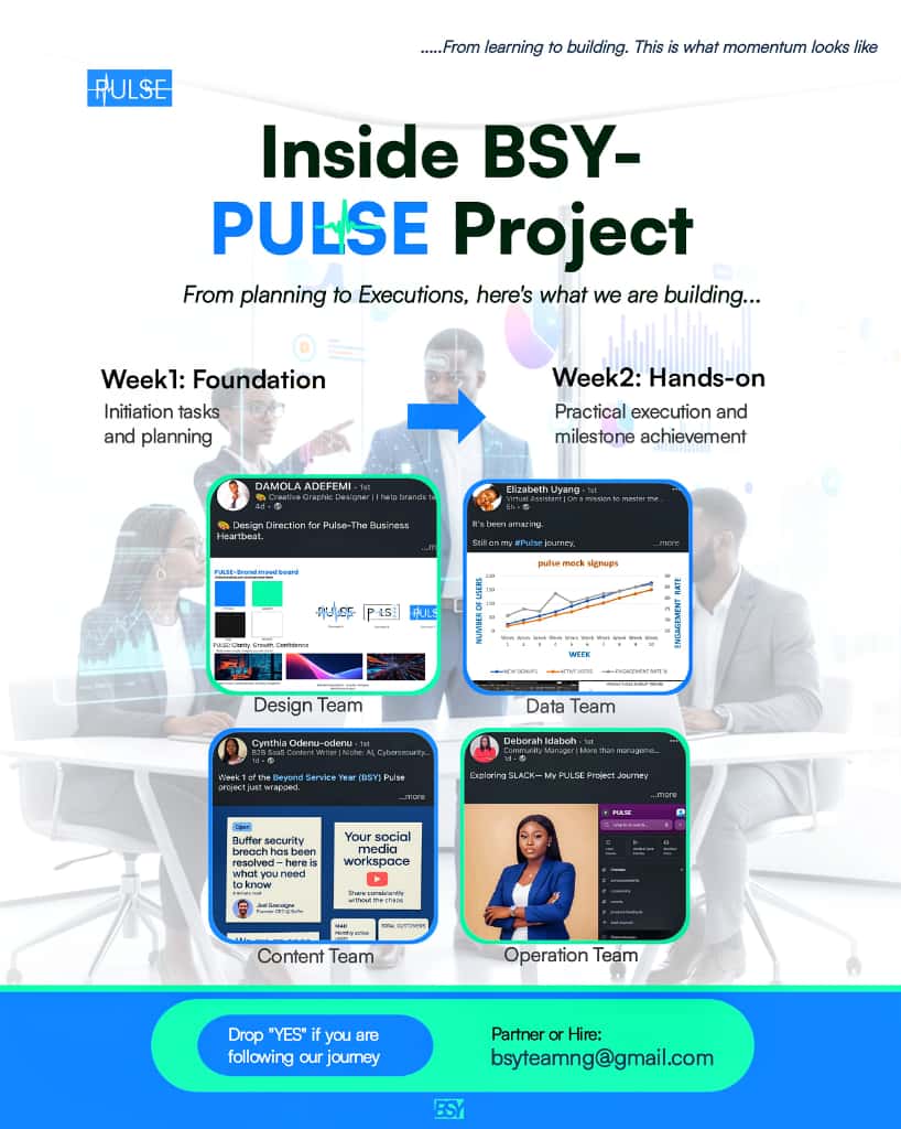 BSYNigeria's tweet image. Imagine having a job-ready portfolio by working on a real project in just 5 weeks?? 

That&apos;s what It’s happening @BSY 

Here’s how the #PulseProject is shaping up in just 2 weeks
#MondayMotivation Happy New Week 
GM CT