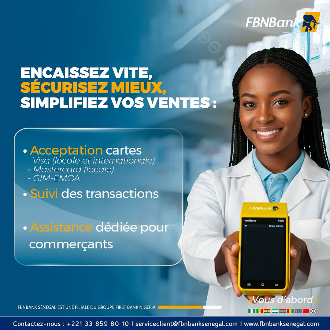 Avec les terminaux de paiement électronique FBNBank, facilitez vos encaissements et offrez plus de confort à vos clients.
FBNBank, Vous d’abord ! 💙

📞 Contactez-nous : +221 77 765 34 58
📧 serviceclient@firstbankgroup.com
🌐 fbnbanksenegal.com

#Firstbank #FBNBankSenegal