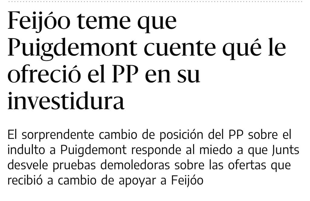 <a href="/NunezFeijoo/">Alberto Núñez Feijóo</a> <a href="/lanuevaespana/">La Nueva España</a> Su palabra vale como sus propuestas desde el día siguiente de no ser Presidente.
👉Esperemos q Puigdemont sea valiente y publique todo lo q le ofreció para ser Pte y le hizo la 🐍
👇👇