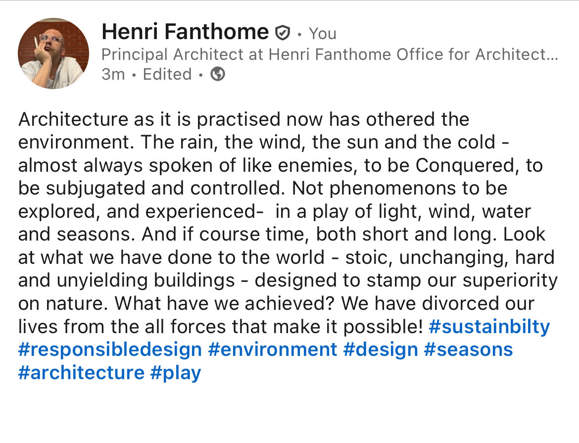 HENRIFANTHOME's tweet image. We are losing every small connection to the force that keep us alive on this fragile planet. #Sustainability #responsibledesign #bioclimaticdesign #climatereaponsovedesign #buildingwirhnature #earth #wind #sun #light #water #seasons