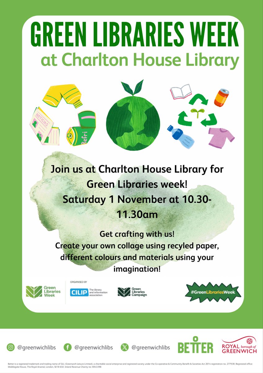 CharltonLib's tweet image. Join us at #CharltonLibrary for
Green Libraries week! 💚 Get crating with us on Saturday 1 November at 10.30-11.30am 🎨 Create your own collage using recyled paper, different colours and materials using your imagination! 📚 #LoveYourLibrary #GreenLibrariesWeek