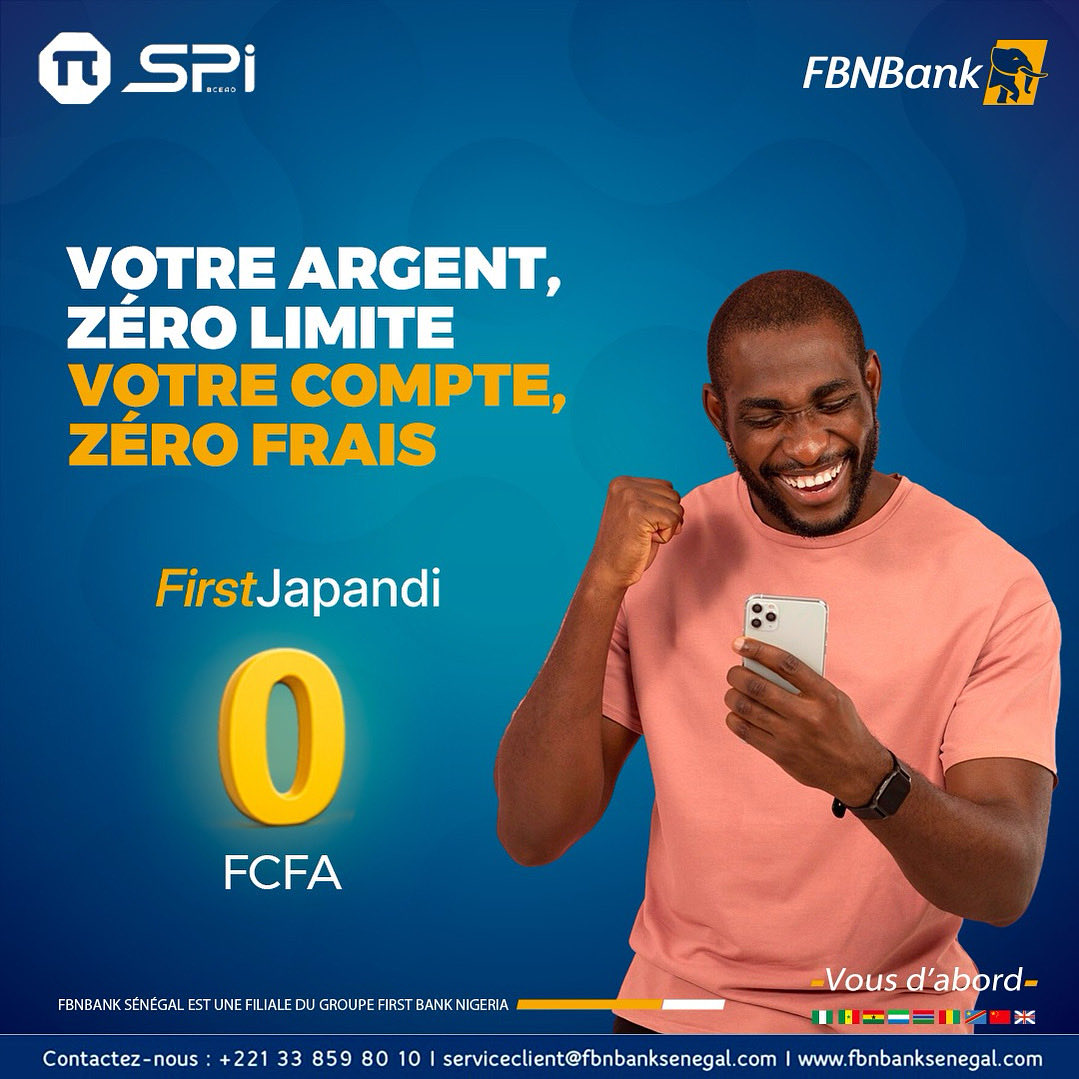 Avec First Japandi, profitez d’un compte sans frais de tenue et de l’interopérabilité gratuite pour effectuer vos transactions entre banques et mobile money en toute simplicité 🙌
FBNBank, Vous d’abord ! 💙
📞 +221 77 765 34 58
📧 serviceclient@firstbankgroup.com