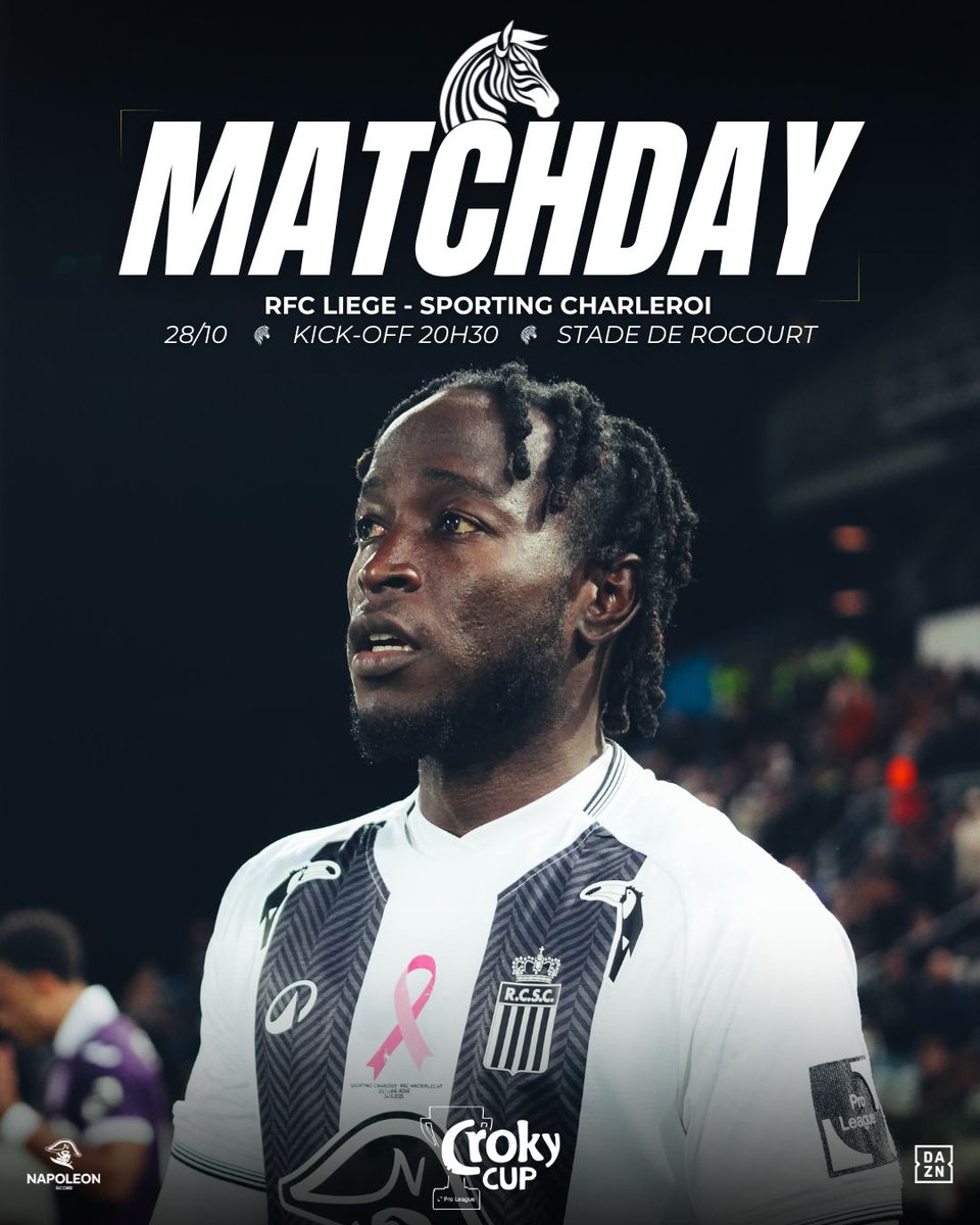 SportCharleroi's tweet photo. 🏆 Croky Cup 
🆚 @rfcliege 
🏟️ Stade de Rocourt
⏱️ 20h30
📺 @DAZN_BEFR 
​📢​ 𝐴𝑙𝑙𝑒𝑧 𝑙𝑒𝑠 𝑍𝑒̀𝑏𝑟𝑒𝑠 !

#RFCLCHA #NapoleonScore ⚫️⚪️ https://t.co/aZYtkNb161