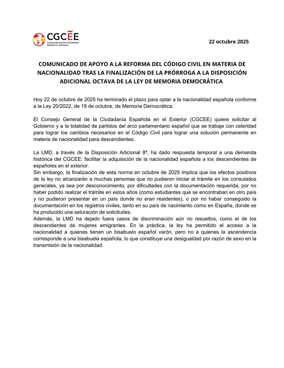 CGCEE_VIII's tweet photo. ⚖️Desde el #CGCEE apoyamos una reforma estructural del Código Civil que garantice una solución permanente y justa para los descendientes de españoles en el exterior.
🇪🇸 La nacionalidad también es memoria, justicia y futuro.
#NacionalidadEspañola #ReformaCódigoCivil #CiudadaníaExt https://t.co/zpLY52KYT3