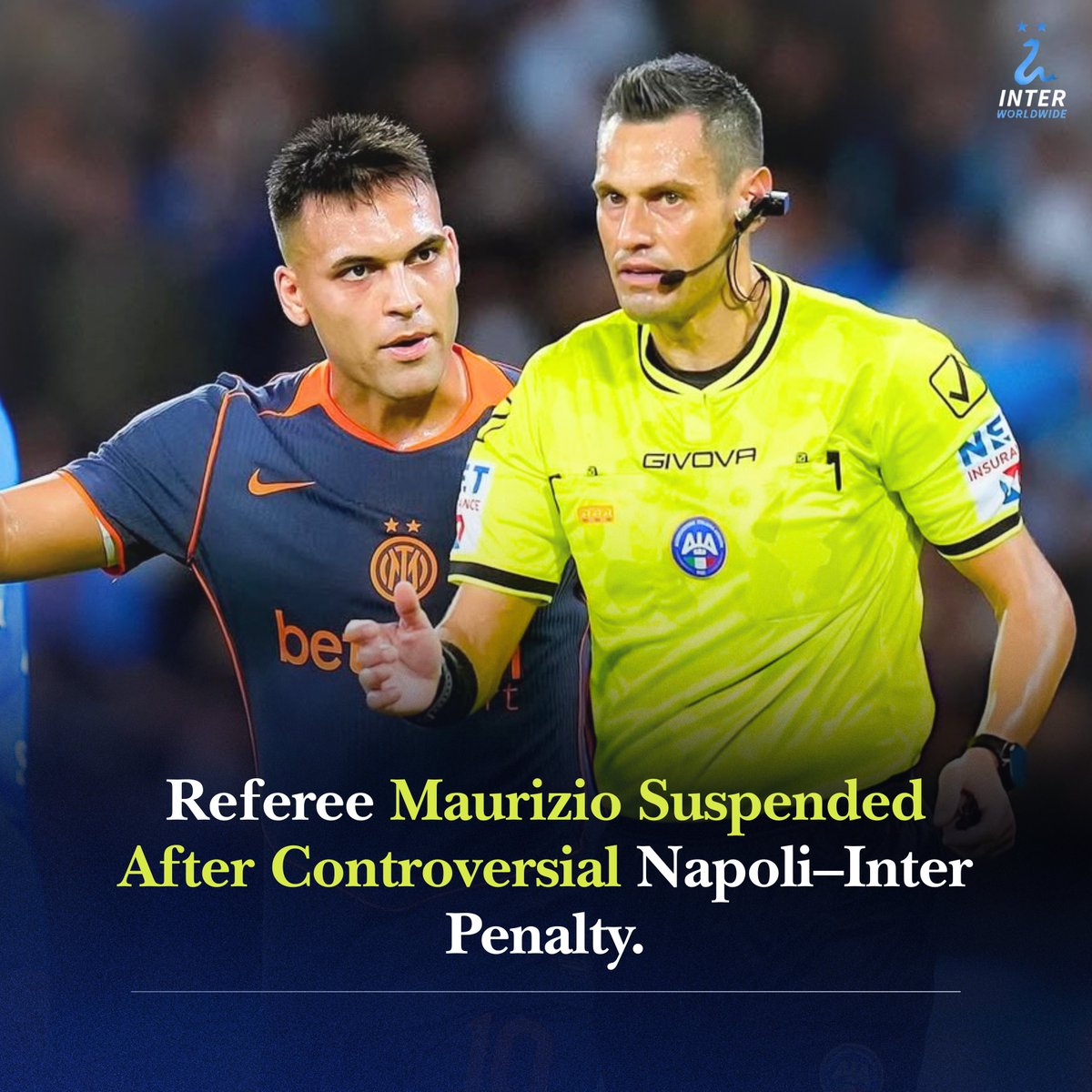 Referee fallout after Napoli–Inter drama.😤

 Mariani to be sidelined for the controversial Mkhitaryan–Di Lorenzo penalty — with his assistant and VAR also facing consequences. 👀

(via <a href="/Gazzetta_it/">La Gazzetta dello Sport</a> | <a href="/Guillaumemp/">Guillaume Pacini</a>)
