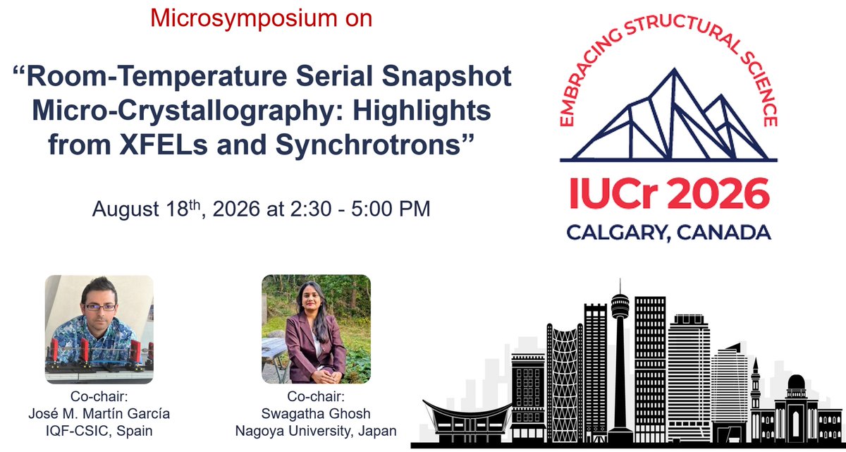 Excited to co-chair the microsymposium “Room-Temperature Serial Snapshot Micro-Crystallography: Highlights from XFELs &amp; Synchrotrons” <a href="/IUCr2026/">IUCr2026</a>!
August 18th, 2026 | 2:30–5:00 PM
More coming soon. Stay tuned!
iucr2026.org
<a href="/swagathag/">Swagatha Ghosh</a> <a href="/IUCr/">IUCr</a> <a href="/structuralbiol1/">Structural Biology</a>