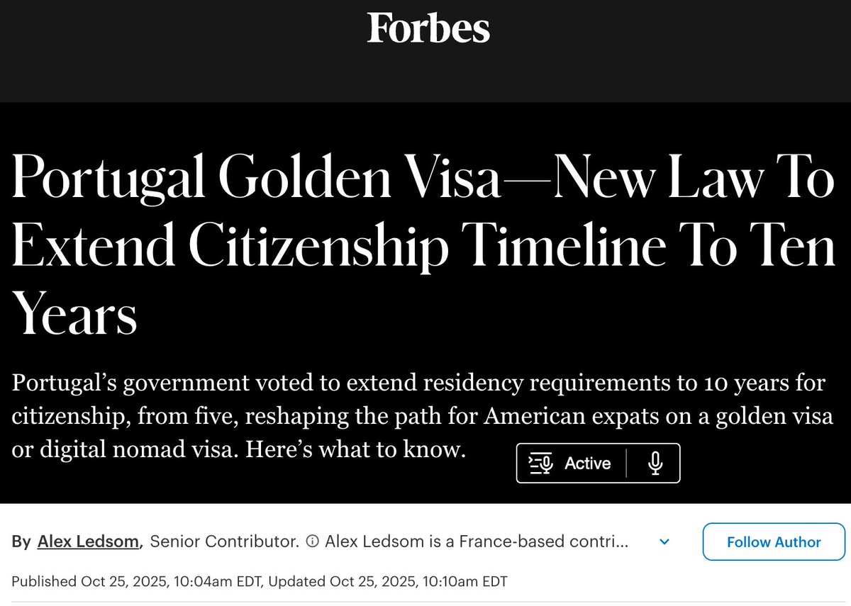 thealepalombo's tweet image. Portugal Visa Update:

Contrary to all expectations and common sense, a parliamentary committee has approved a bill doubling the path to citizenship- from 5 to 10 years - without grandfathering those already residing in the country.

This week’s final vote will decide its fate.…