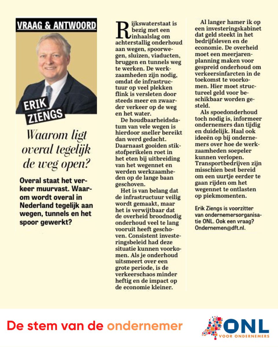onl's tweet image. Overal in Nederland wordt tegelijkertijd gewerkt aan #wegen, viaducten, tunnels en het #spoor.

“Belangrijk dat de infrastructuur veilig wordt gemaakt, maar de overheid heeft broodnodig onderhoud te lang uitgesteld”, schrijft #ONL-voorman @erikziengs in de @telegraaf.