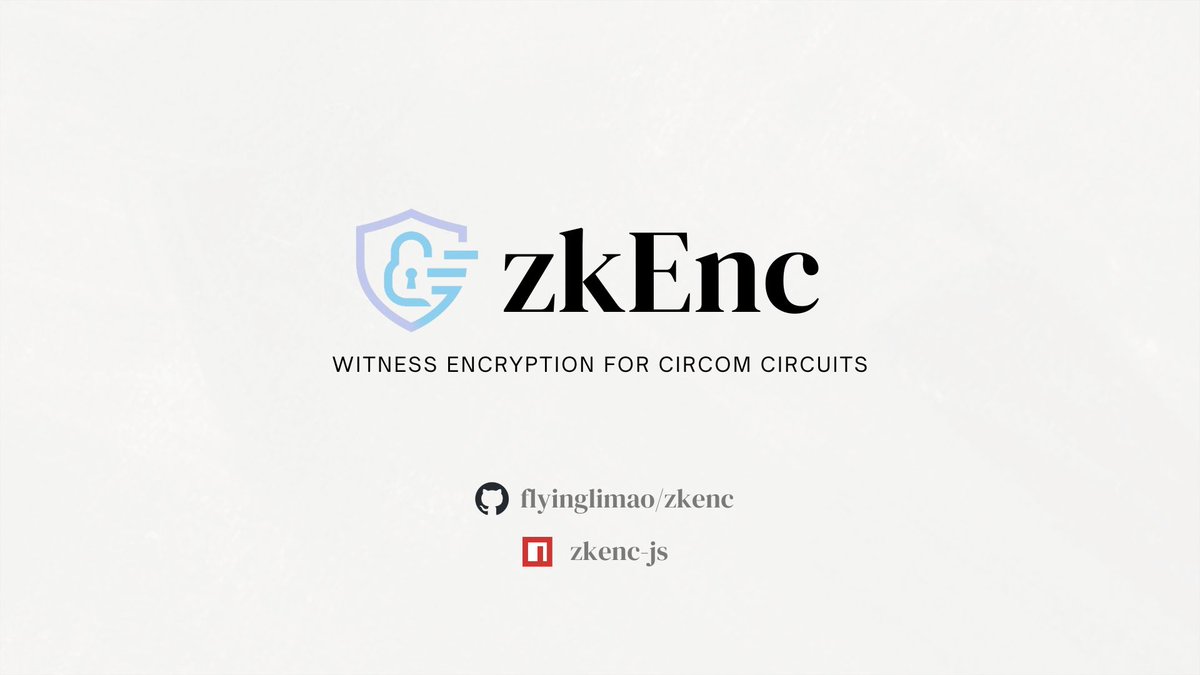 billwu1999's tweet photo. 🔐 Introducing zkEnc: Witness Encryption for Circom Circuits

Built at ETHGlobal Online 2025, zkEnc lets you encrypt with a QUESTION and decrypt with an ANSWER—no need to know who the recipient is!

🔗 https://t.co/abG6bzjhIn
📦 Open source: https://t.co/Vzspnw1oHv

Thread 🧵👇 https://t.co/usBS2YQlpc