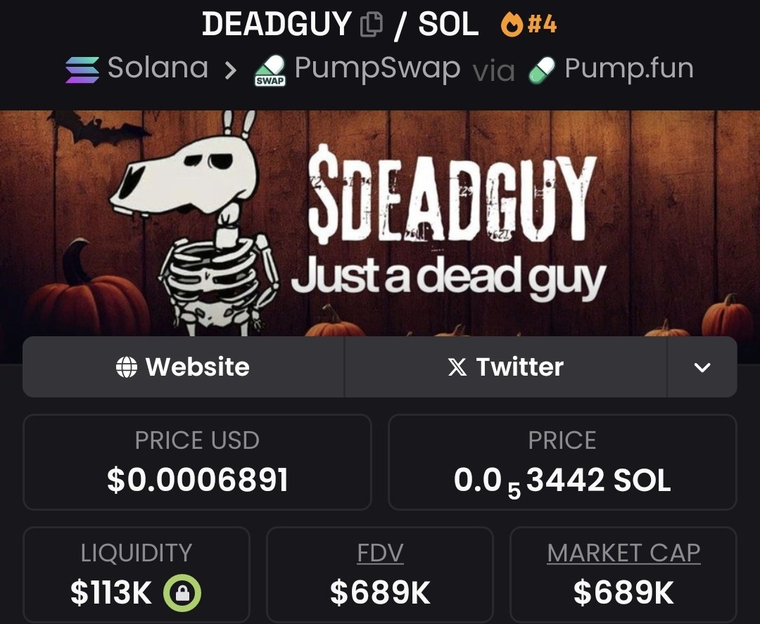 I called $DEADGUY at $89k Mc now pumping 🚀 pass $689k Mc - 7.74x profits 📈 bagged 💰 on my private telegram channel
Either you ape with me or you watch others eat big without you 

SEND ME A DIRECT MESSAGE TO JOIN MY ALPHA TG NOW