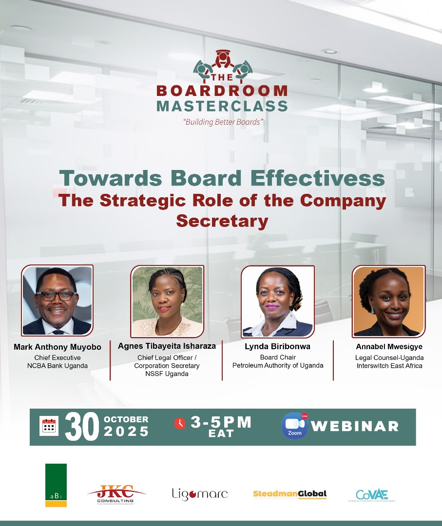 The #BoardroomMasterclass continues, exploring how today’s Company Secretary drives board cohesion, accountability &amp; strategic impact.  

🗓 30 Oct 2025 | ⏰ 3–5PM EAT | 💻 Live Webinar

Save your spot now: us02web.zoom.us/webinar/regist… 

#BuildingBetterBoards #BoardEffectiveness